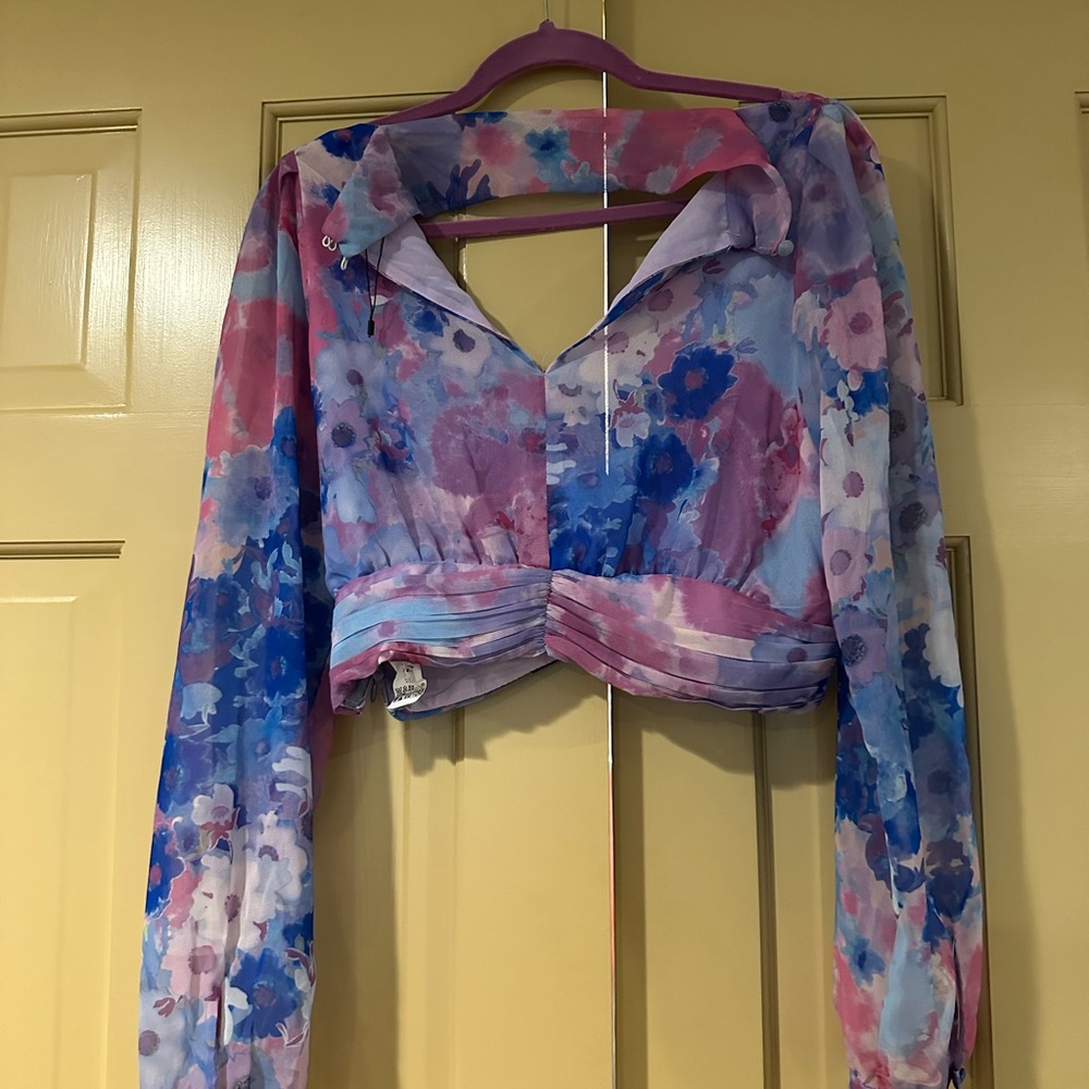 Zara Pink and Blue Long Sleeve Wrap Blouse - Picture 2 of 5